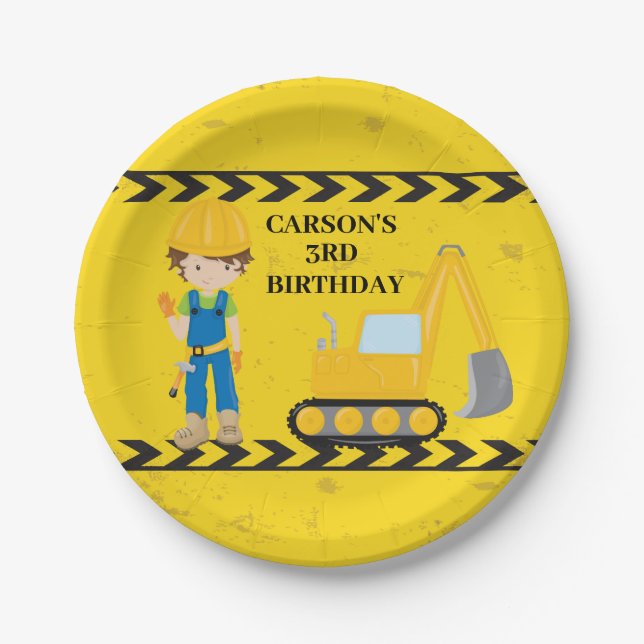 Cool Construction Excavator Custom Kids Birthday Paper Plates (Front)