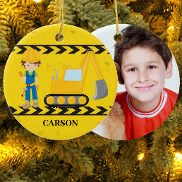 Cool Construction Excavator Custom Kids Photo Ceramic Ornament