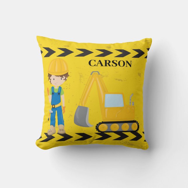 Cool Construction Excavator Custom Kids Room Throw Pillow (Front)