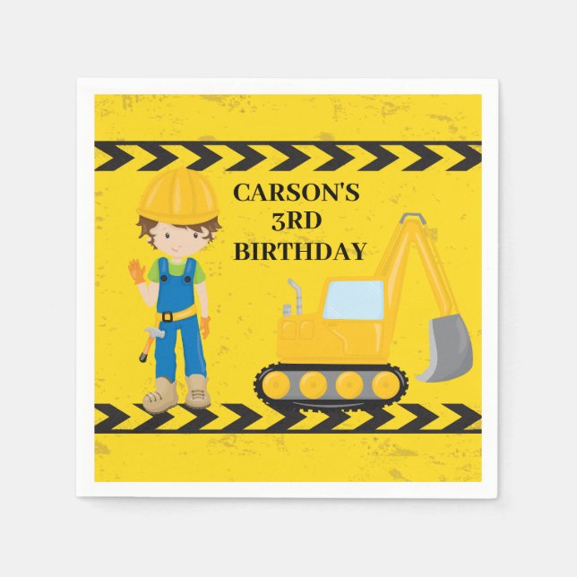 Cool Construction Vehicle Custom Kids Birthday Napkins (Front)