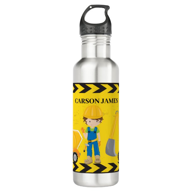 Cool Construction Vehicle Custom Yellow Kids Stainless Steel Water Bottle (Front)