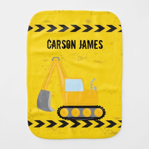 Cool Construction Vehicle Excavator Custom Yellow Baby Burp Cloth