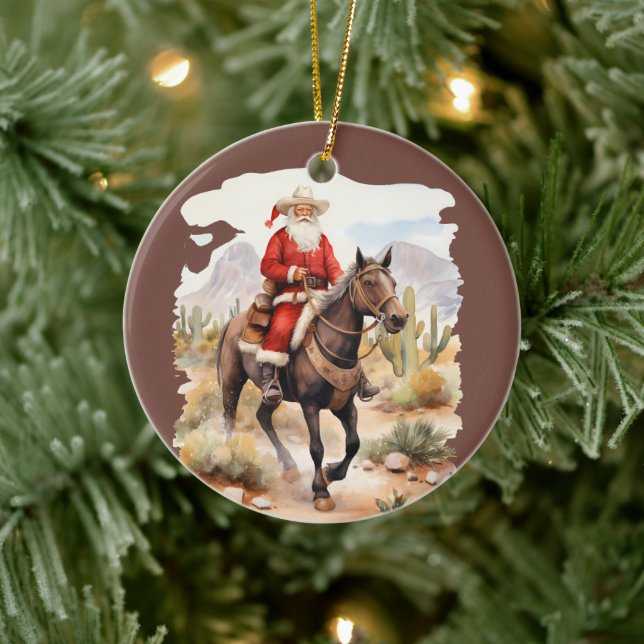 Cool Country Christmas Santa horse add message Ceramic Ornament (Tree)