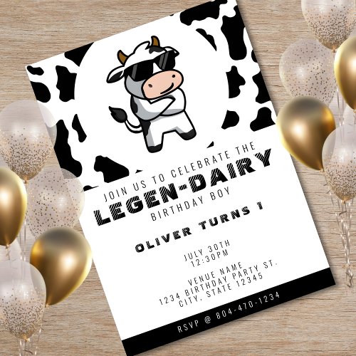 Cool Cow Print Photo 1st Birthday Invitation