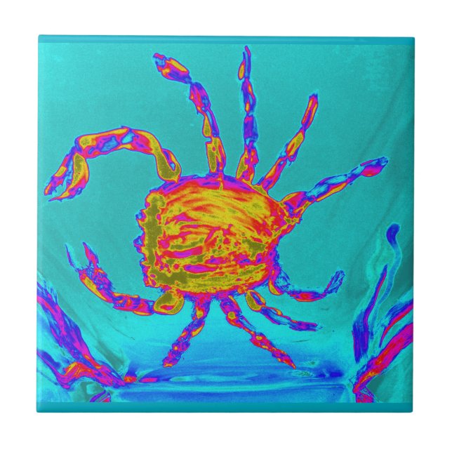 Cool Crab Seaside Art Blue Sea Tile (Front)