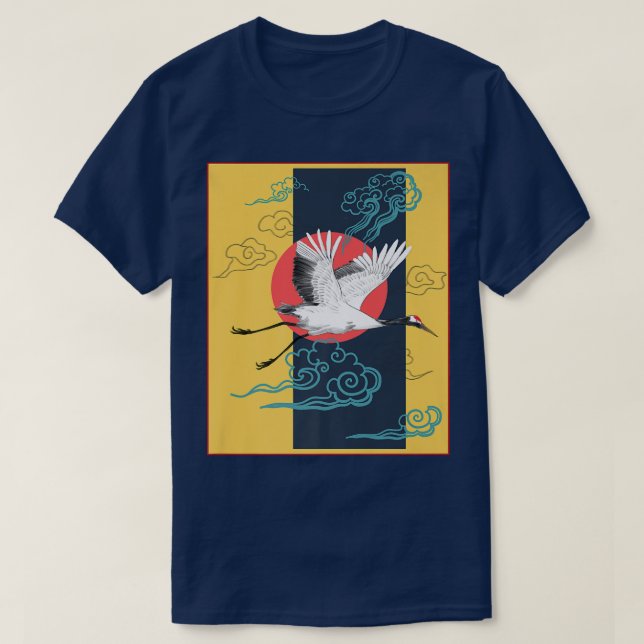 Cool Crane Bird Artwork, Dance of Cranes Japanese  T-Shirt (Design Front)