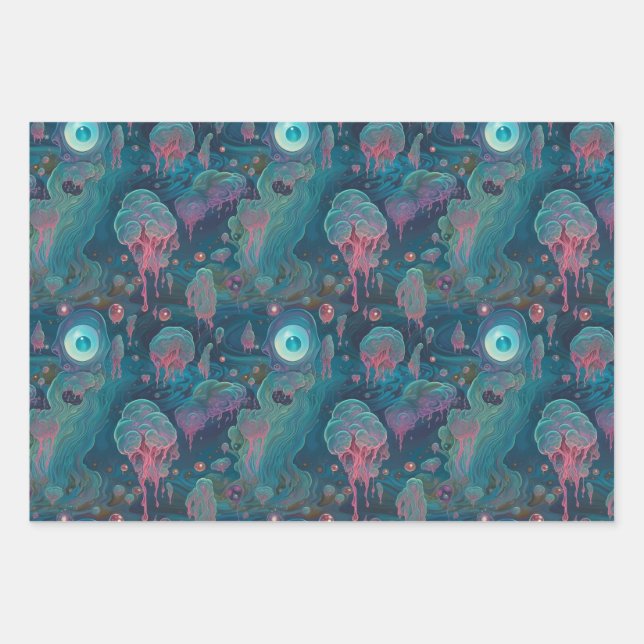 Cool Creepy Horror Dripping Eye Monster Pattern Wrapping Paper Sheets (Front)