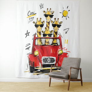 Cool Crew Giraffes in Classic Red Car Tapestry