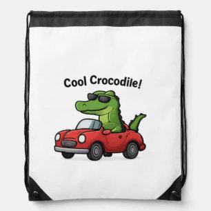 Cool Crocodile Cartoon in Sunglasses Driving a Car Drawstring Bag