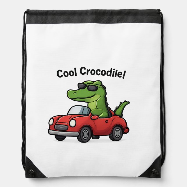 Cool Crocodile Cartoon in Sunglasses Driving a Car Drawstring Bag (Front)