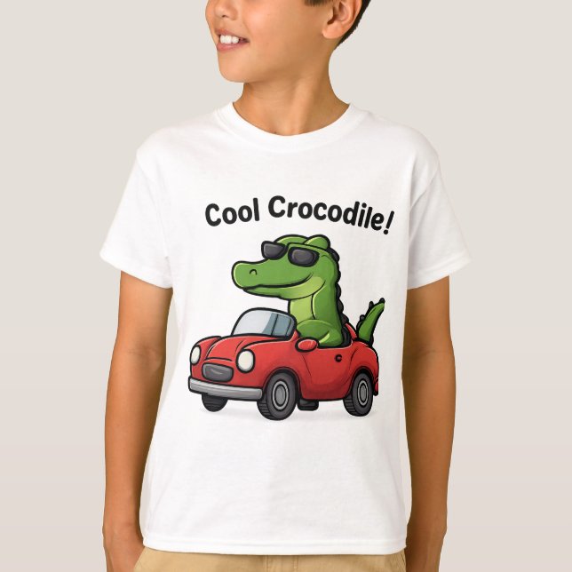 Cool Crocodile Cartoon in Sunglasses Driving a Car T-Shirt (Front)