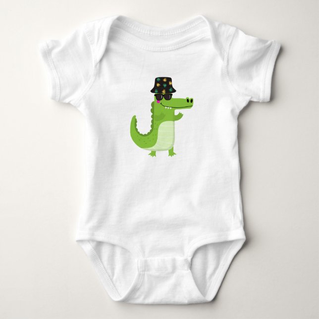 Cool Crocodile with Sunglasses and Leafy Bucket Baby Bodysuit (Front)