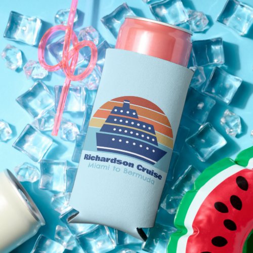 Cool Cruise Ship Family Trip Sunset Custom Blue Seltzer Can Cooler