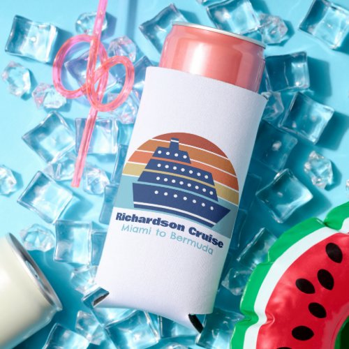 Cool Cruise Ship Family Trip Sunset Custom Blue Seltzer Can Cooler