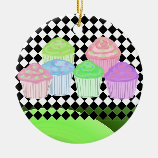 Cool Cupcakes on a Black Diamond Background Ceramic Ornament (Front)