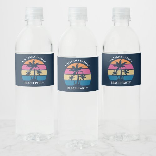 Cool Custom Beach Party Blue Palm Trees Water Bottle Label