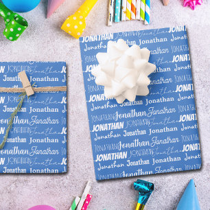 Cool Custom Blue Name Typography Birthday Wrapping Paper Sheets