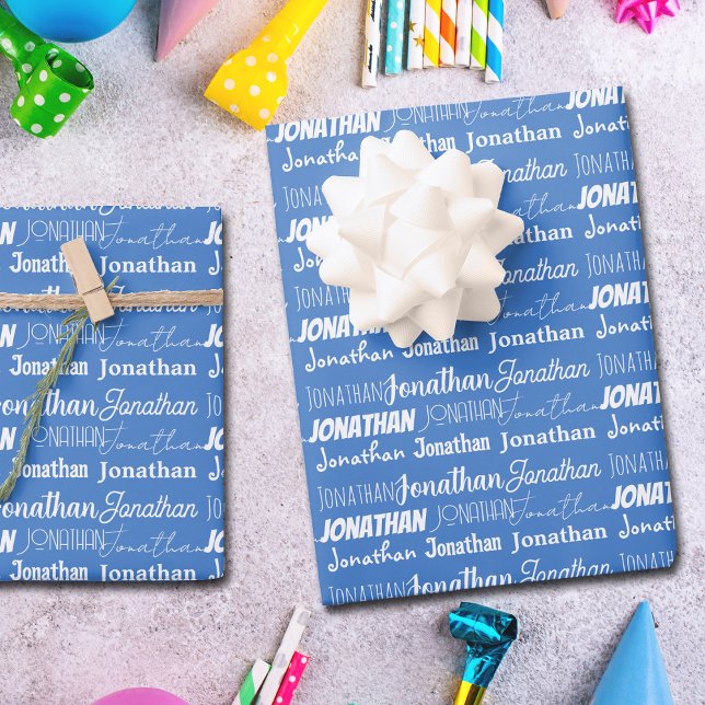 Cool Custom Blue Name Typography Birthday Wrapping Paper Sheets (Creator Uploaded)
