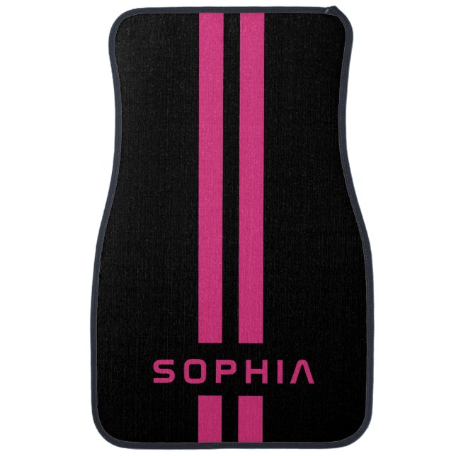 Cool Custom Hot Pink Stripe Black Personalized Car Floor Mat (Front)