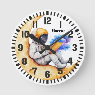 Cool Custom Name Astronaut on the Moon Round Clock