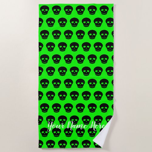 Cool Custom Name Black Lime Green Skull Pattern Beach Towel