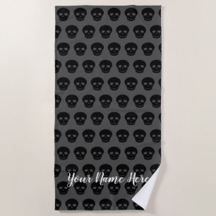Cool Custom Name Black White Gray Skull Pattern Beach Towel
