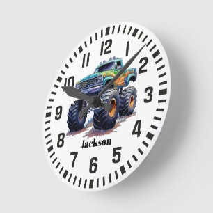 Cool Custom Name Blue Monster Truck Round Clock