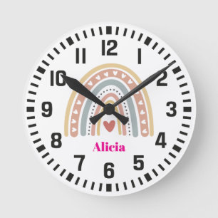 Cool Custom Name Boho Rainbow and Heart Round Clock