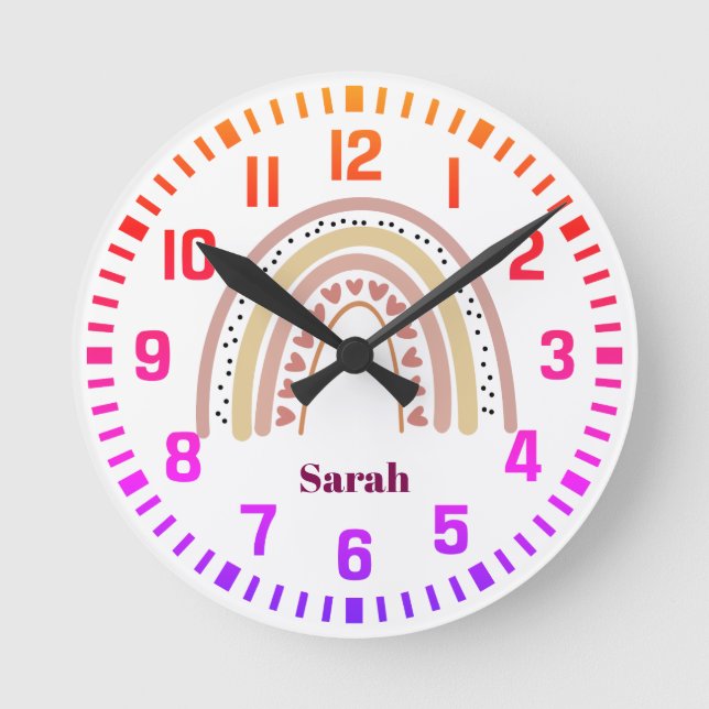 Cool Custom Name Boho Rainbow and Hearts Round Clock (Front)