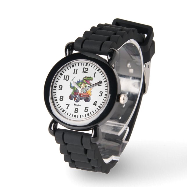 Cool Custom Name Dinosaur Riding Monster Truck  Watch (Angle)