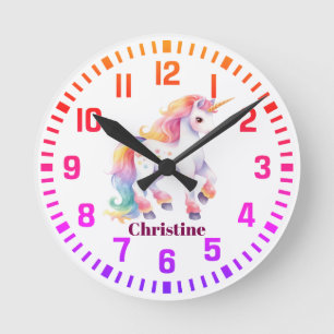 Cool Custom Name Rainbow Unicorn Round Clock