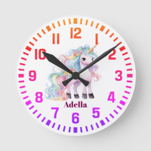Cool Custom Name Rainbow Unicorn Round Clock