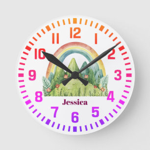 Cool Custom Name Watercolor Rainbow and Mountains Round Clock