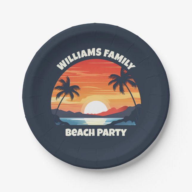 Cool Custom Sunrise Palm Trees Beach Party Blue Paper Plates (Front)