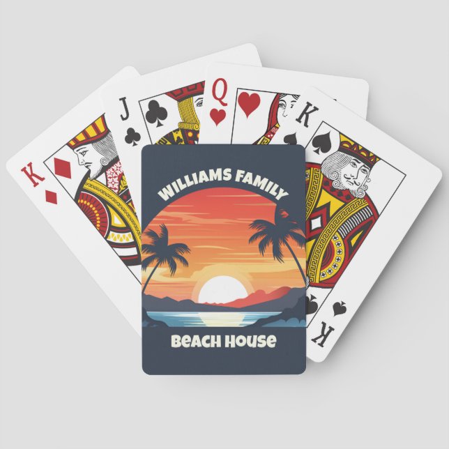 Cool Custom Sunrise Palm Trees Beach Party Blue Poker Cards (Back)