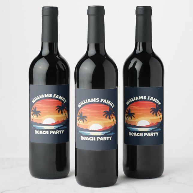 Cool Custom Sunrise Palm Trees Beach Party Blue Wine Label (Bottles)
