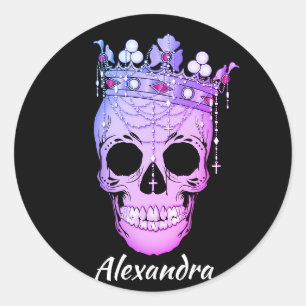 Cool Custom Text Royal Purple King Skull & Cross Classic Round Sticker