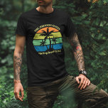 Cool Custom Tropical Beach Trip Palm Trees Black T-Shirt<br><div class="desc">These cool personalized tropical beach sunset t-shirts feature 3 palm trees silhouetted against an orange and blue sky accented with yellow and green at the coast. Customize for great family trip keepsake tees for your coastal getaway this spring break or summer or ocean cruise vacation.</div>