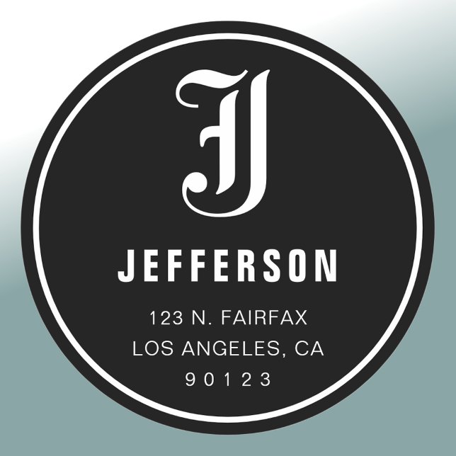 Cool Customizable Address & Monogram | B&W Classic Round Sticker (Creator Uploaded)