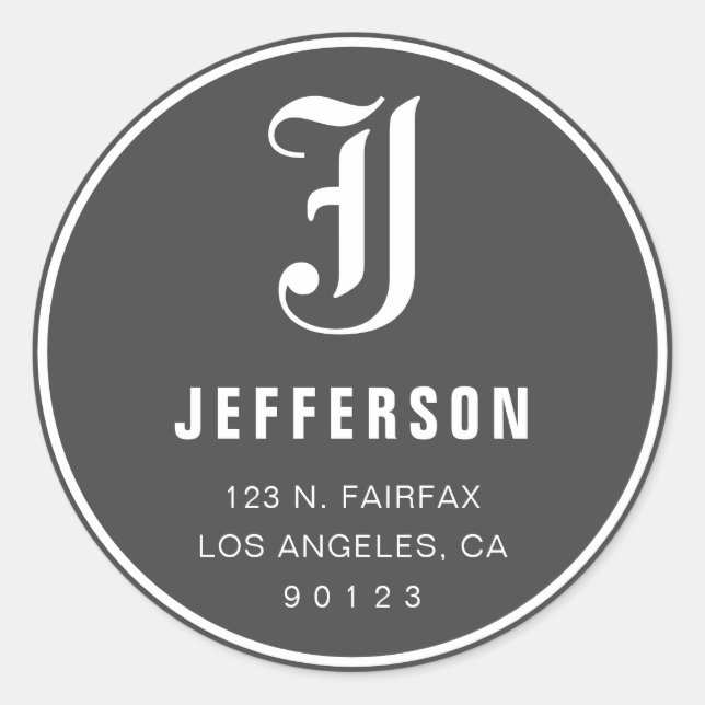 Cool Customizable Address & Monogram | Dark Grey Classic Round Sticker (Front)