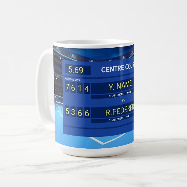 Cool, customizable tennis score board coffee mug (Front Left)