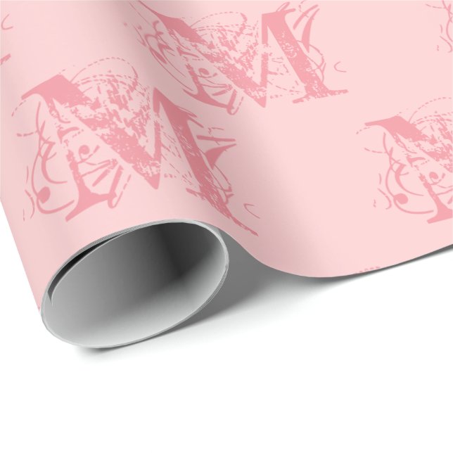 Cool Cute Fancy Elegant Modern Girly Pink Monogram Wrapping Paper (Roll Corner)