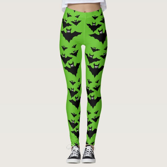 Cool cute Flying bats Halloween Black and green Leggings (Front)
