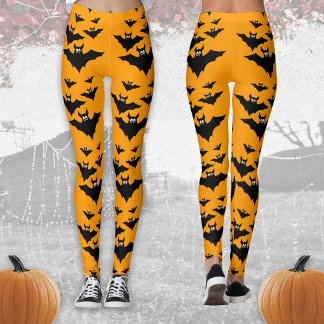 Cool cute Flying bats Halloween Black and Orange Leggings