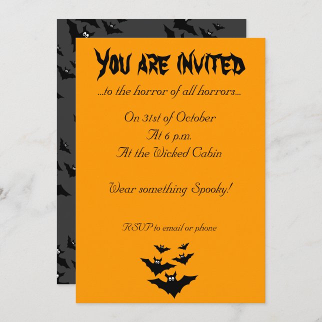 Cool cute Flying bats Halloween Orange Invitation (Front/Back)