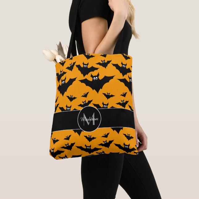 Cool cute flying bats Halloween pattern Monogram Tote Bag (Close Up)