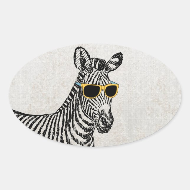 Cool cute funny zebra sketch with  trendy glasses oval sticker (Front)