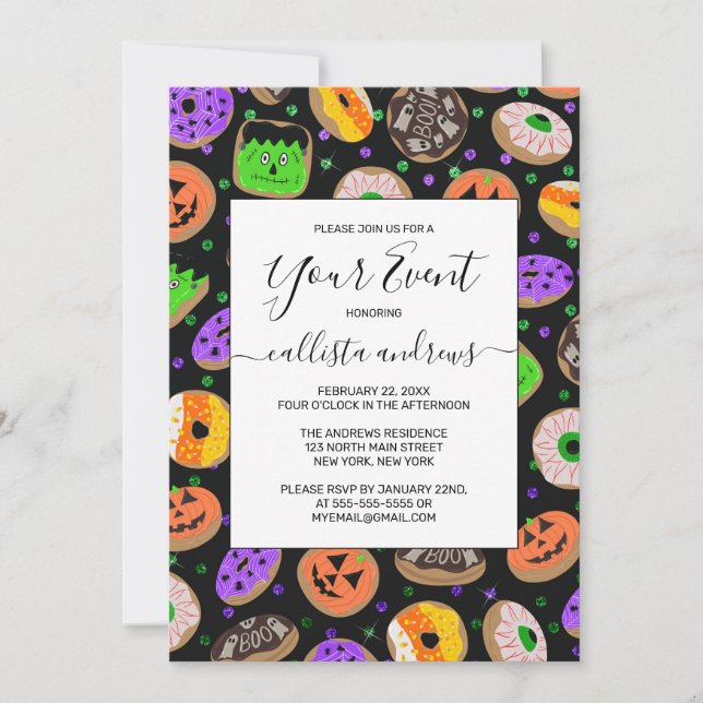 Cool Cute Glitter Confetti Donuts Halloween Invitation (Front)