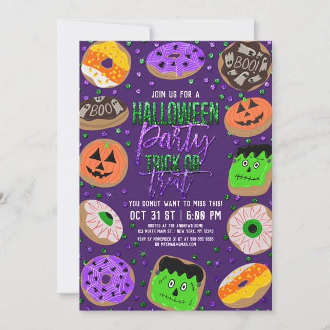 Cool Cute Glitter Confetti Donuts Halloween Party Invitation (Front)