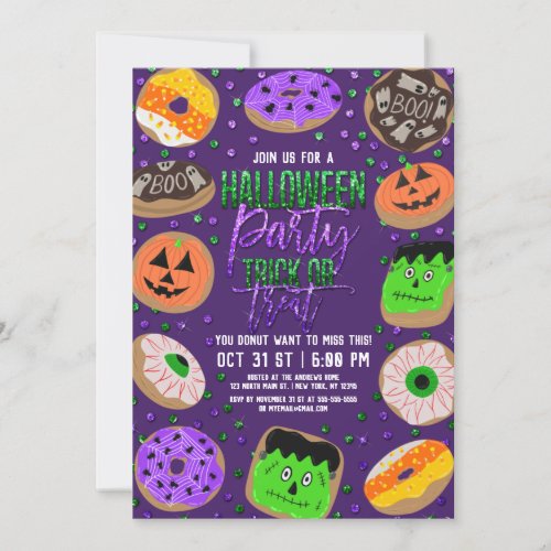 Cool Cute Glitter Confetti Donuts Halloween Party Invitation